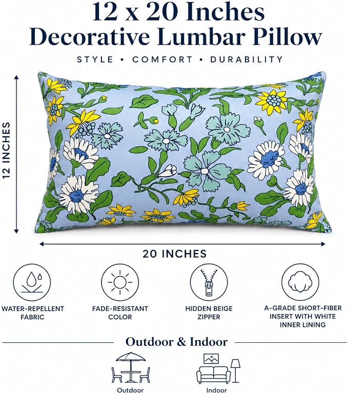 Outdoor Lumbar Pillows 12"x20" Waterproof Patio Pillows with Inserts | Set of 2 Fade Resistant Outdoor Waterproof Lumbar Pillow Decorative Garden Lumbar Cushions for Home Patio Terrace Sofa