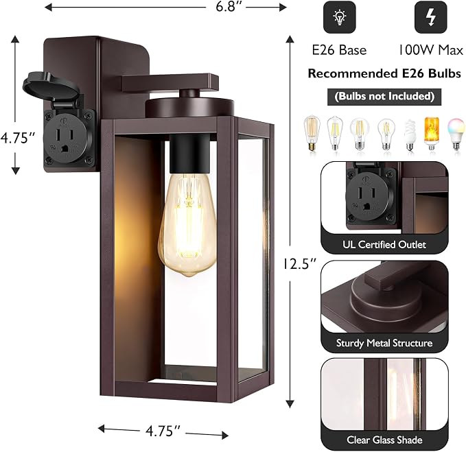 BesLowe Porch Lights with Outlet, Brown Modern Outdoor Wall Light Fixtures | UL-Listed Extra Power Socket, Waterproof, Rust-Resistant, Durable Metal with Clear Glass, Easy to Install