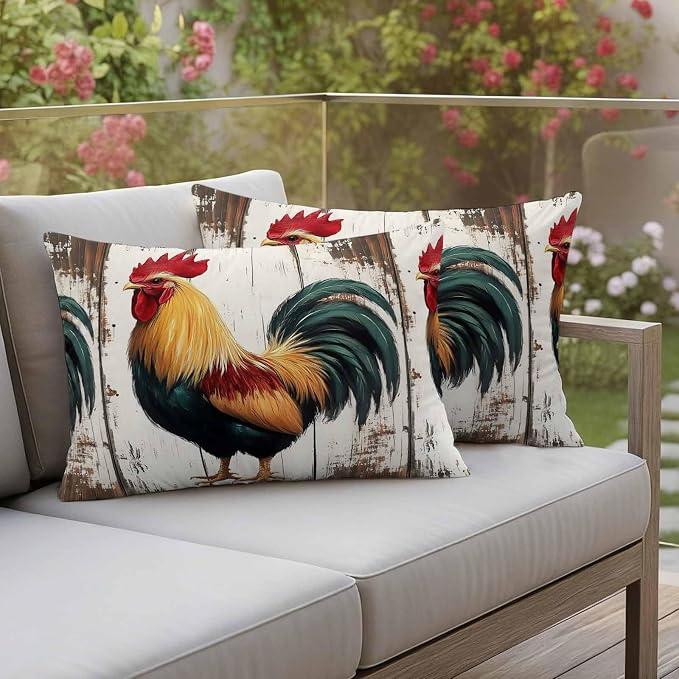 Vintage Rooster Outdoor Waterproof Throw Pillow Covers 20x12 Set of 2, Retro Farmhouse Rooster Watercolor Decorative Pillowcases Cushion Pillowcase for Couch Sofa Patio Outside Pillow Protector