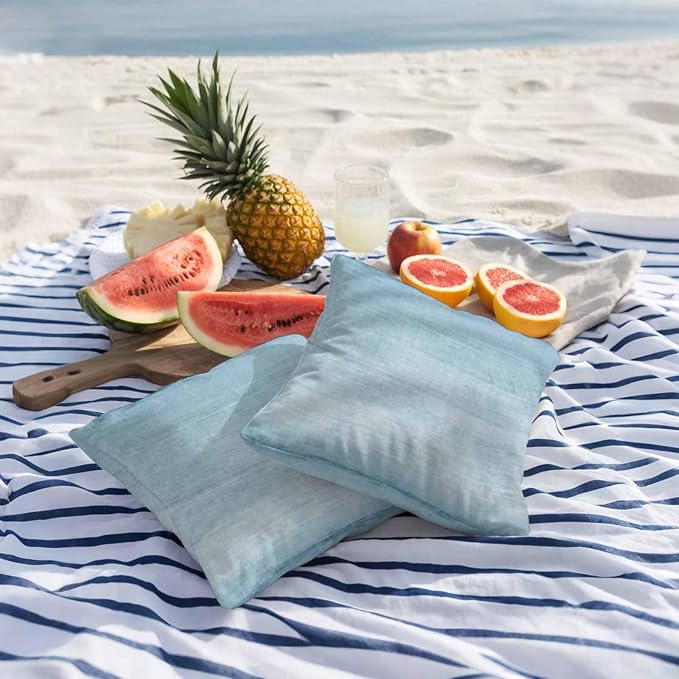 Vandarllin Outdoor Throw Pillows Covers 18x18 inch Set of 2 Waterproof Sky Blue Linen Decorative Zippered Cushion Covers for Patio Furniture, Solid Color Texture Lumbar Pillowcases