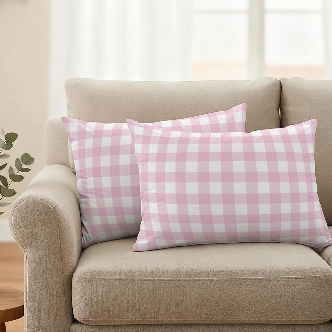 Light Pink Checks Outdoor Pillow Covers 20"x12" Set of 2, Gingham Plaid Abstract Modern Minimalist Waterproof Throw Pillow Covers for Patio Furniture, Decorative Cushion Covers for Porch