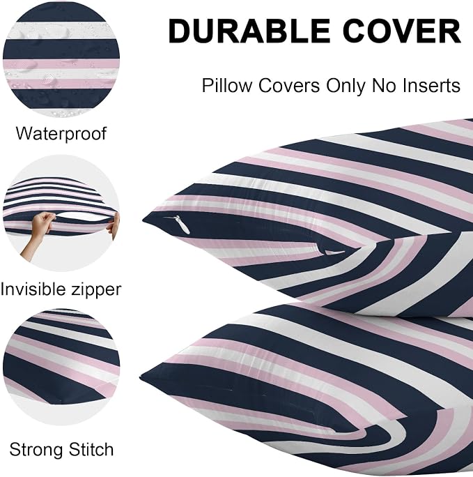 Pink Navy Blue Striped Outdoor Pillow Covers Waterproof, All Weather Cushion Case Set of 2, Minimalist Abstract Lines Artwork Decorative Pillowcases for Sofa Couch Bed Decor Patio Furniture 16"x16"