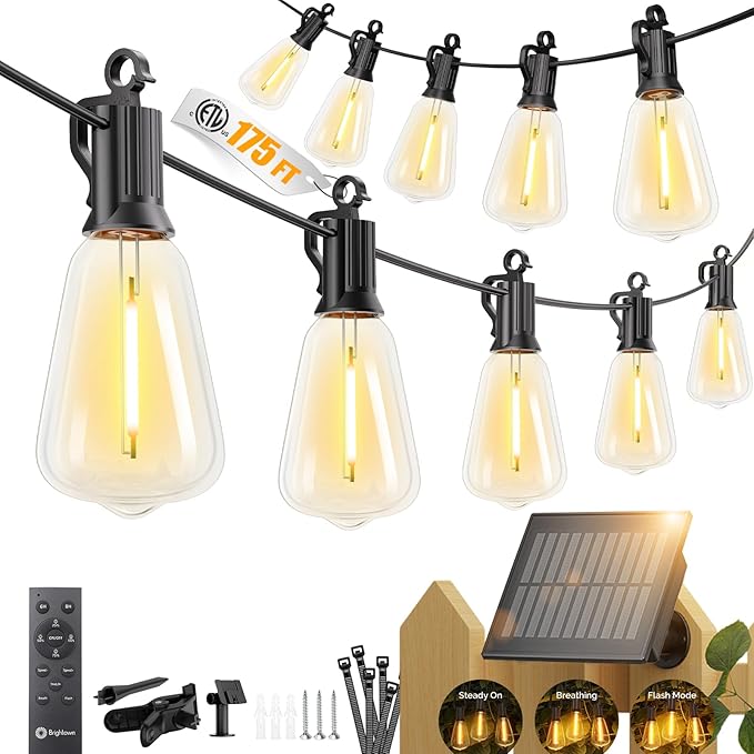 Brightown 175FT Solar String Lights Outdoor, 56+2 Shatterproof LED Lights | Waterproof, Remote Control, Dimmable, Timer, 3 Light Modes Solar Lights for Yard, Camping, Parties and Outdoor Decor
