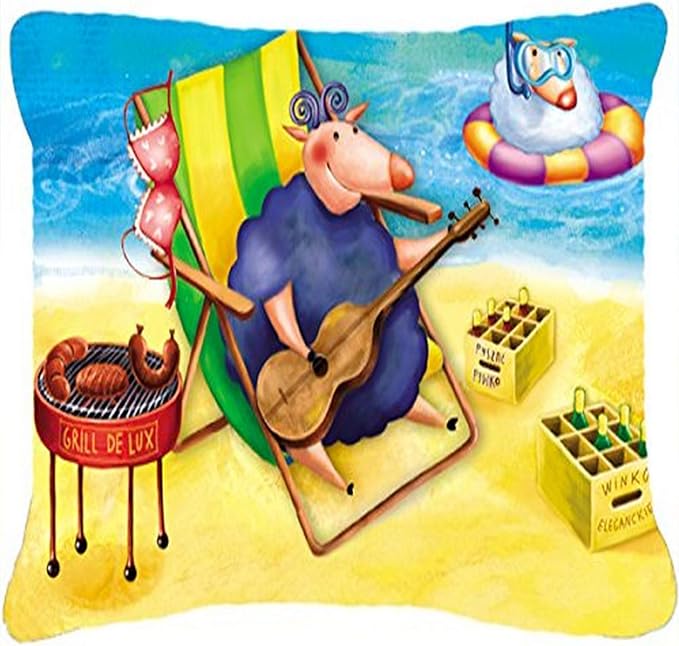 Caroline's Treasures APH0079PW1216 Pig Sunbathing on The Beach Canvas Fabric Decorative Pillow Machine Washable, Indoor Outdoor Decorative Pillow for Couch, Bed or Patio, 12HX16W