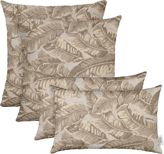 RSH DECOR: Sunbrella Lumbar & Square Pillows Set of 4 | 20" x 12" & 20" x 20" | Water and Fade-Resistant Performance Fabric | Outdoor Throw Pillows for Patio | Made in USA (Tropics Linden Pebble)