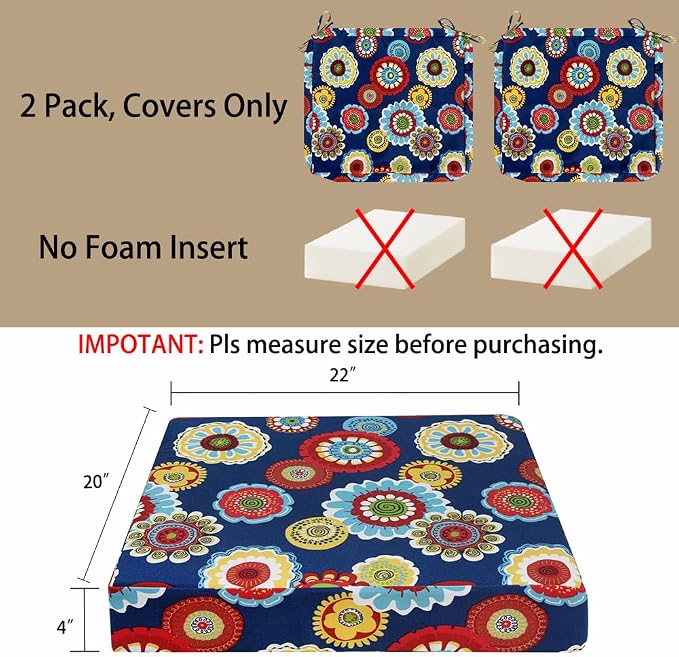 Magpie Fabrics Indoor Outdoor Cushion Cover Replacement 2 Pack, NO Insert! Water Repellent Slipcover with Ties Decor for Patio Garden Chair Sofa Bench Wicker(Floral Navy, 22x20x4 Inch)