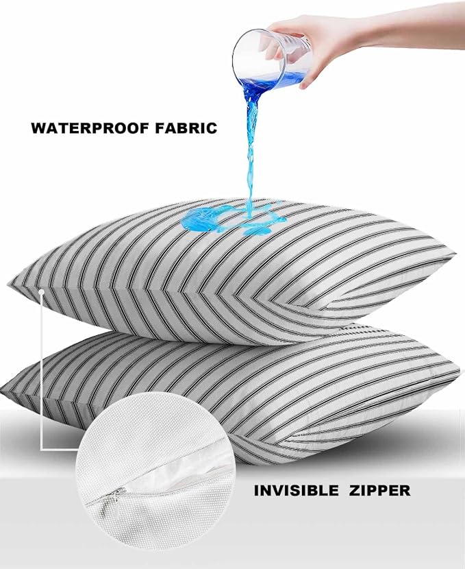 Outdoor Waterproof Throw Pillow Covers Set of 2 Black Stripe Pillowcases 16x16 Inches Vertical Striped Patio Decorative Pillows Cushion Case Patio Pillows for Couch Bed Chair Garden