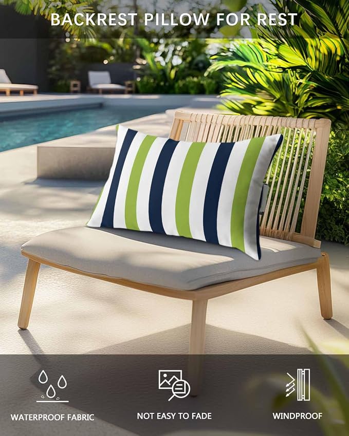Pack of 4 Outdoor Lumbar Pillow Covers 12x20 Inch, Green Navy Blue Striped Waterproof Throw Pillow Covers Set, Farmhouse Stripe Art Indoor&Outdoor Decorative Cushion Cases for Patio Porch Beach