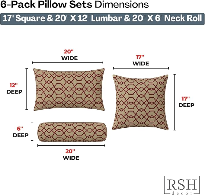 RSH DECOR: 6-Pack Pillow Set | Sunbrella Performance Fabric |Water & Fade-Resistant| 17" Square, 20"x12" Lumbar, 20"x6" Neck Roll | Outdoor Pillows for Patio | Made in USA (Folio Terracotta)