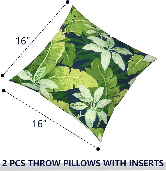Outdoor Pillows with Insert 16x16 Inch, Waterproof Throw Pillow for Patio Furniture, Decorative Back Cushion for Garden Home Sofa Office Chair, Set of 2, Jungle Leaves