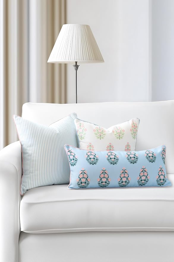 Hofdeco Premium Coastal Grandmillennial Patio Indoor Outdoor Lumbar Pillow Cover Only, 12"x26" Water Repellent for Backyard, Couch, Poolside, Baby Blue Pink Print Flower