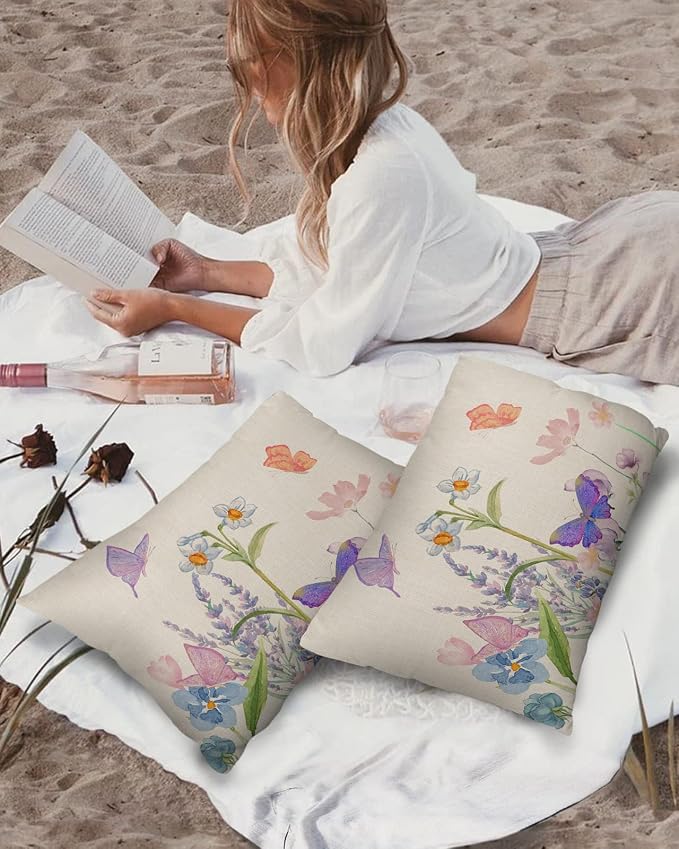 YOKOU Waterproof Throw Pillow Covers, Floral Print Butterfly Watercolor Flower Spring Summer Farm Decorative Pillowcase Soft Cushion Case for Patio Couch Tent Balcony, Set of 2 Rectangle, 20"X12"