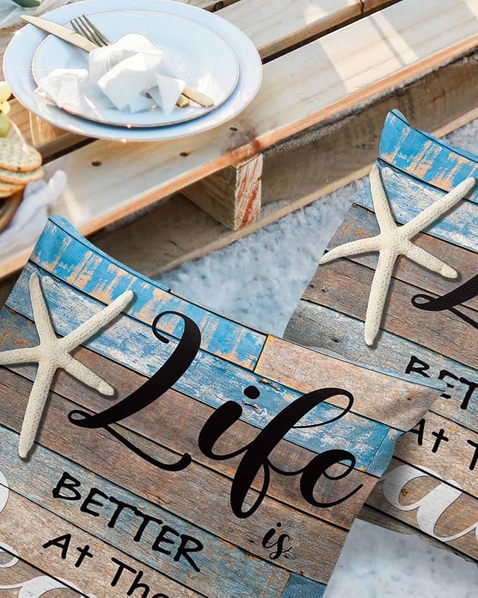 Summer Outdoor Pillow Covers Set of 2,Ocean Life Texts Starfish Decorative Waterproof Throw Pillow Case,Retro Blue Wood Plank Cushion Pillowcases for Couch Garden Patio Beach,16x16In