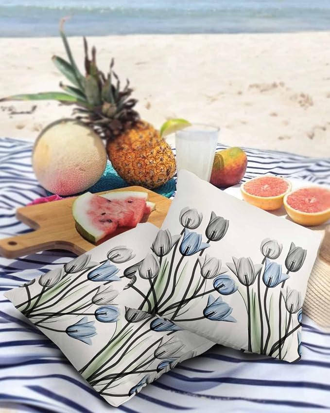 Vandarllin Outdoor Throw Pillows Covers 16X16 Set of 2 Waterproof Gray Blue Tulip Decorative Zippered Lumbar Cushion Covers for Patio Furniture, Spring Summer Flowers Floral