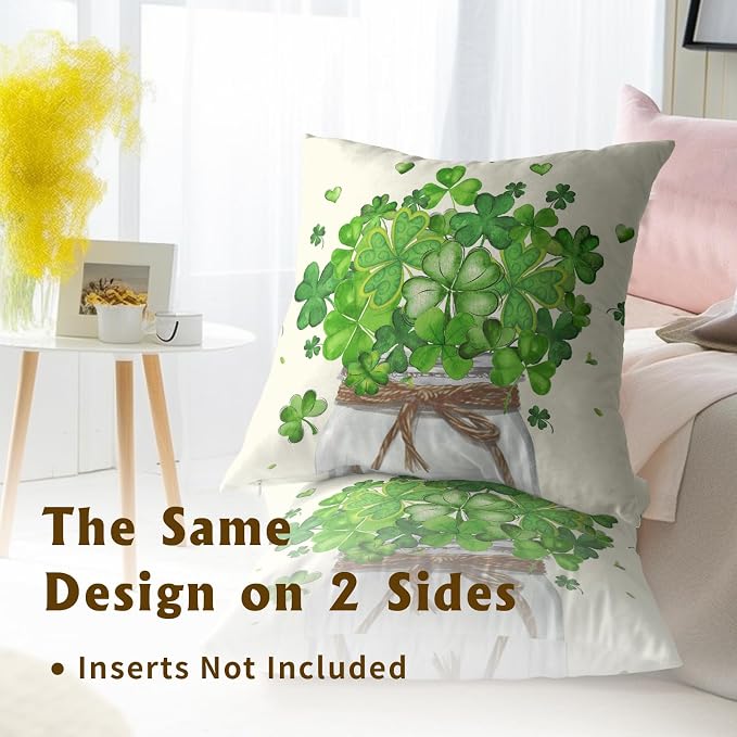 St. Patrick's Day Pillow Covers 22x22 Inch, 2 Pcs Green Shamrock Leaves Jar Holiday Farmhouse Throw Pillowcases Square Cushion Cover for Couch Bed Sofa Patio Porch Furniture Decor