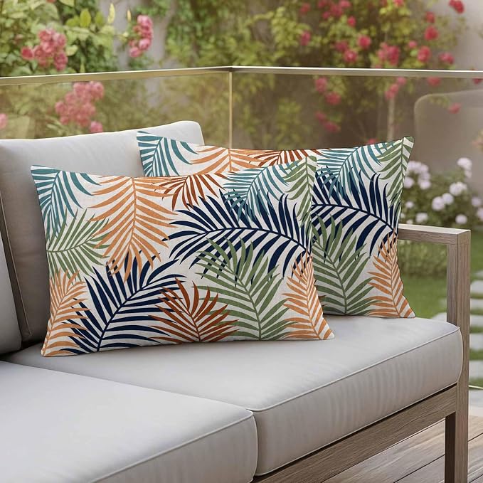 Red Green Navy Palm Leaves Outdoor Pillow Covers 20"x12" Set of 2, Summer Botanical Vintage Tropical Leaf Rustic Waterproof Throw Pillow Covers for Patio Furniture, Decorative Cushion Covers for Porch