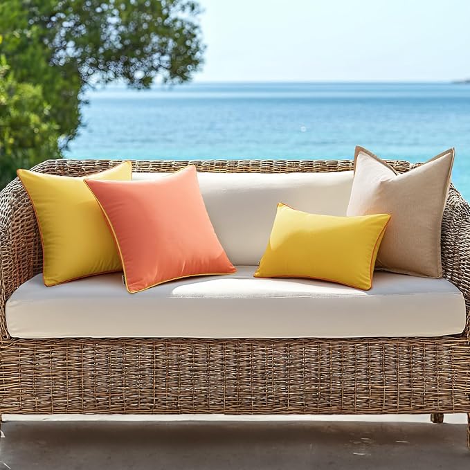 MIULEE Outdoor Waterproof Pillow Covers 12x20 Coral Red-Yellow Pack of 2 | Decorative Farmhouse Throw Pillow Covers with Piping,Square Solid Color,Patio Furniture,Summer Couch Tent Sofa Living Room