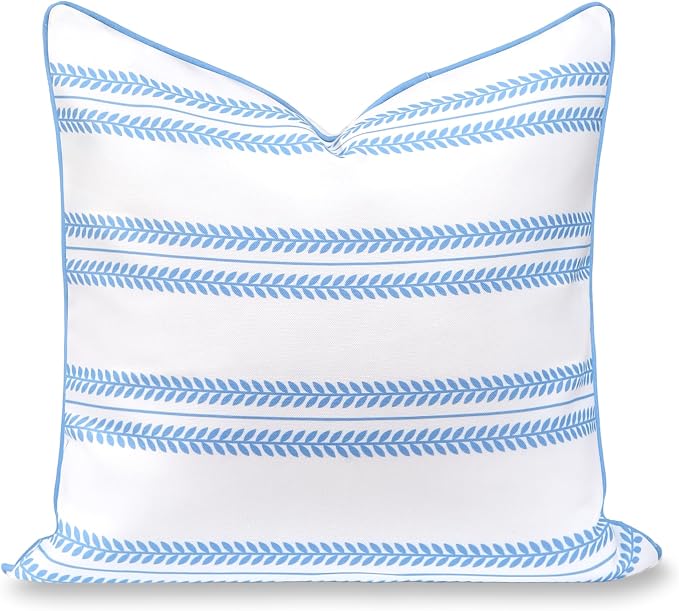 Hofdeco Premium Coastal Hampton Patio Indoor Outdoor Throw Pillow Cover Only, 22"x22" Water Repellent for Backyard, Couch, Poolside, Azure Blue Print Leaf Striped