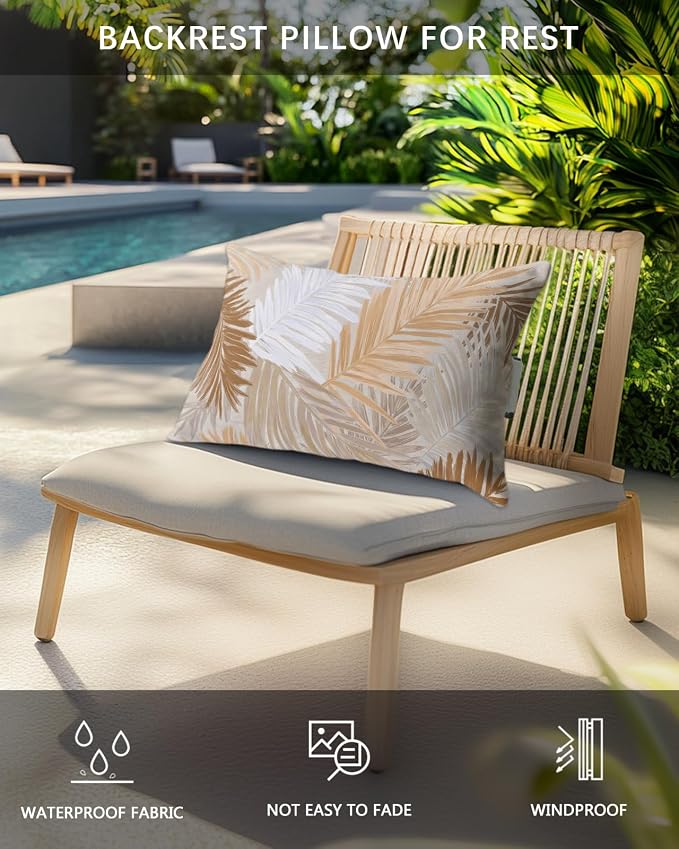 Outdoor Pillows Waterproof Covers Set of 2, Brown Palm Leaves Adjustable Elastic Chaise Lounge Head Resting Pillows, Tropical Leaf Plant Lumbar Pillow for Pool Beach Patio Furniture 11x16 Inch