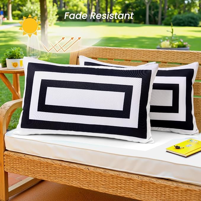 JOJOGOGO White Outdoor Lumbar Pillow Covers Waterproof 12x20 Set of 2, White and Black Decorative Outdoor Waterproof Boho Pillows 12 x 20 for Patio Furniture Farmhouse (Black Border)