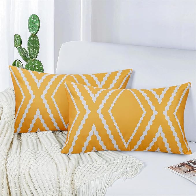 Adabana Outdoor Waterproof Pillow Covers 12x20 Yellow | Geometric Decorative Throw Pillow Covers Set of 2 for Patio, Garden, Porch, Farmhouse
