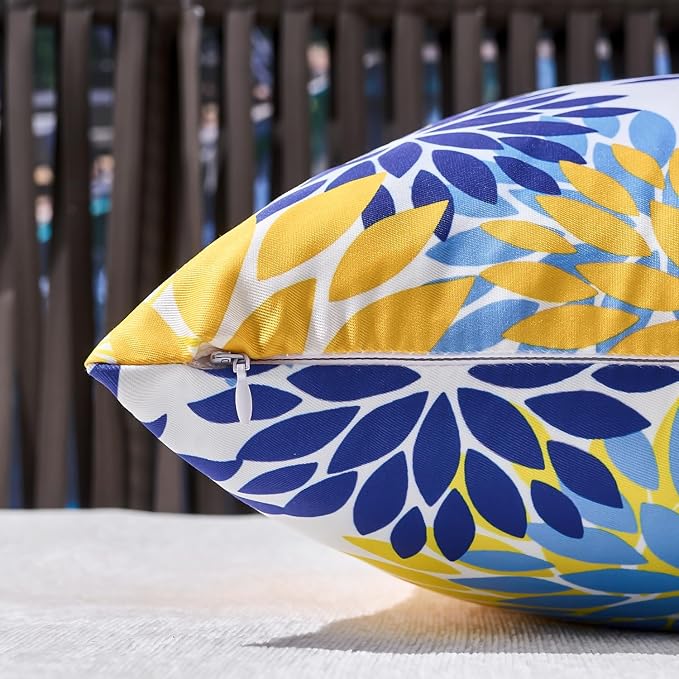 Decorative Outdoor Waterproof Throw Pillow Covers Set of 2 Dahlia Yellow and Blue Pillow Case 16x16 Inches Spring Summer Cushion Covers with Invisible Zipper for Inside and Outdoor