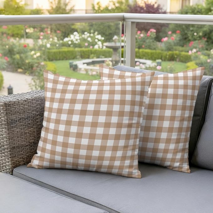 Brown Checks Outdoor Pillow Covers 24"x24" Set of 2, Beige Rustic Gingham Plaid Abstract Modern Waterproof Throw Pillow Covers for Patio Furniture, Decorative Cushion Covers for Porch