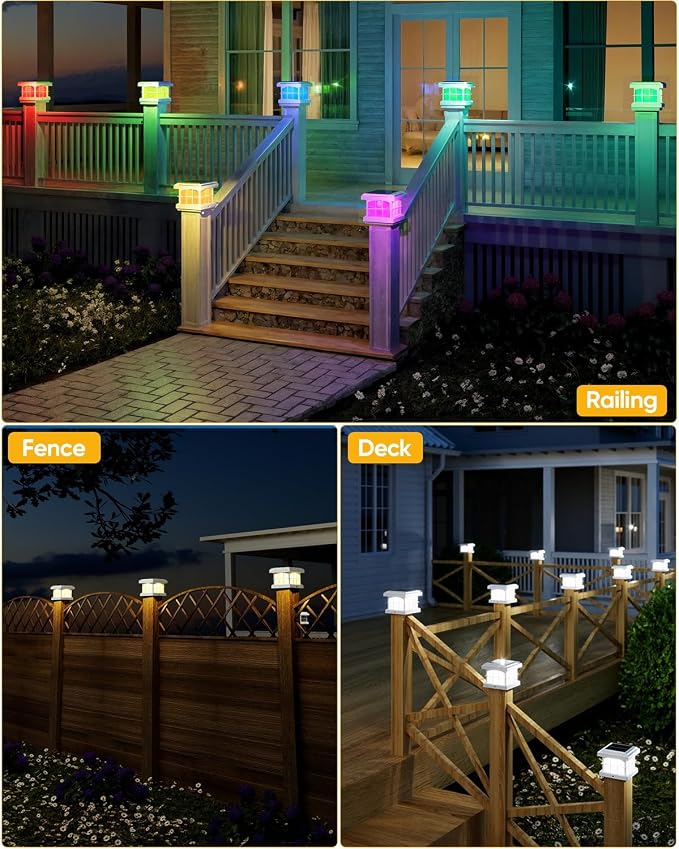 RGBCW Solar Post Cap Lights 12-Pack, 9 Colors 3 Modes Fence Cap Lights, Bright Solar Outdoor Waterproof LED Deck Lighting for Fence Garden Deck Patio Porch Decor 4x4 Vinyl/Wood, White