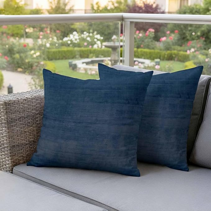 Vandarllin Outdoor Throw Pillows Covers 24x24 inch Set of 2 Waterproof Navy Blue Linen Decorative Zippered Cushion Covers for Patio Furniture, Solid Color Texture Lumbar Pillowcases