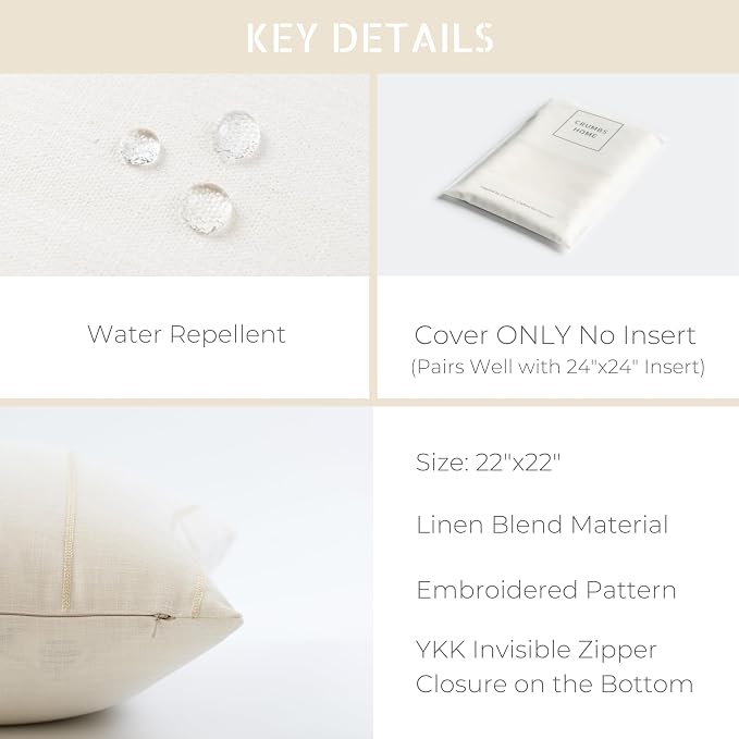 Modern Farmhouse Fall Linen Indoor Outdoor Throw Pillow Cover Only, 22"x22" Water Repellent for Patio, Backyard, Couch, Neutral Beige Vertical Stripes