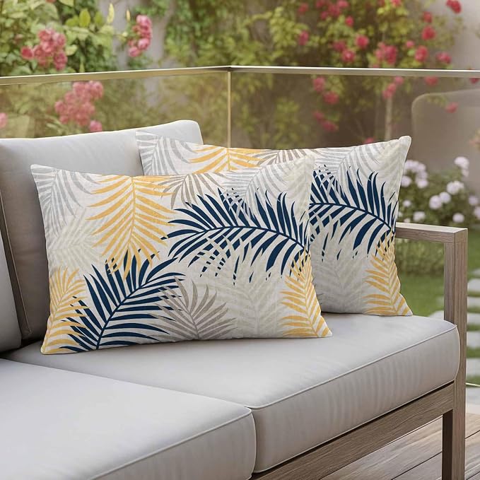 Outdoor Waterproof Throw Pillow Covers, Blue Yellow Palm Leaves Decorative Pillow Cases, Summer Botanical Tropical Leaf Couch Pillow Protector Patio Sofa Cushion Covers Replacement 20"x12" 2 Pack
