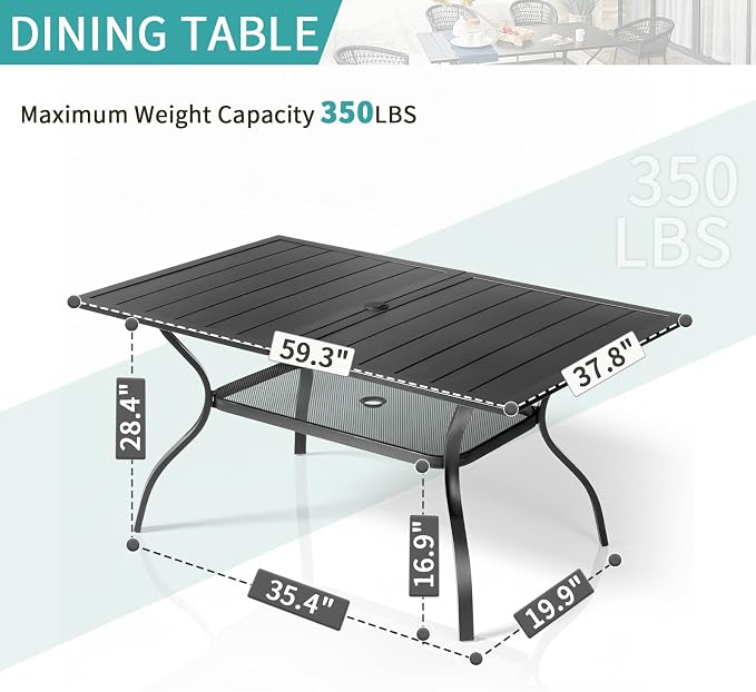 VINGLI 60" x 38" Rectangle Patio Table for 6, Metal Outdoor Dining Table with Umbrella Hole, All-Weather Steel Patio Dining Table Outdoor Table for Lawn, Garden, Backyard, Black (L60 xW38)