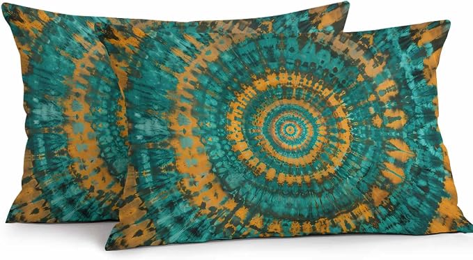 Vandarllin Outdoor Throw Pillows Covers 20x12 inch Set of 2 Waterproof Turquoise Yellow Tie-Dye Art Decorative Zippered Cushion Covers for Patio Furniture, Abstract Boho Tribe Lumbar Pillowcases