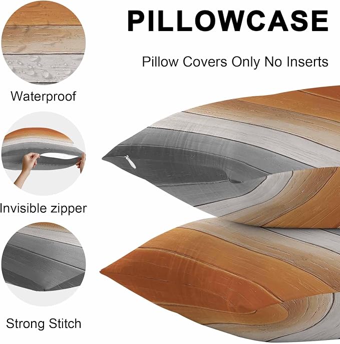 Orange Gray Outdoor Pillow Covers 24x24 Inch Throw Pillow Covers Set of 2 Waterproof Decorative Pillow Cases Farmhouse Retro Gradient Wooden Grain Cushion Covers for Patio Furniture Garden Couch Sofa