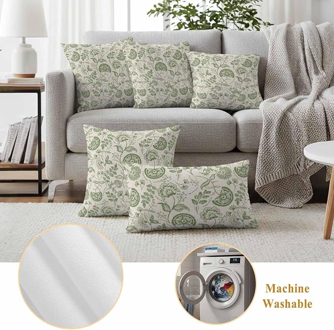 Outdoor Pillow Covers 26x26 Set of 2, Sage Green Spring Floral Waterproof Patio Throw Pillow Covers for Couch Sofa Chair, Retro Summer Botanical Farmhouse Decorative Pillowcases for Throw Pillows