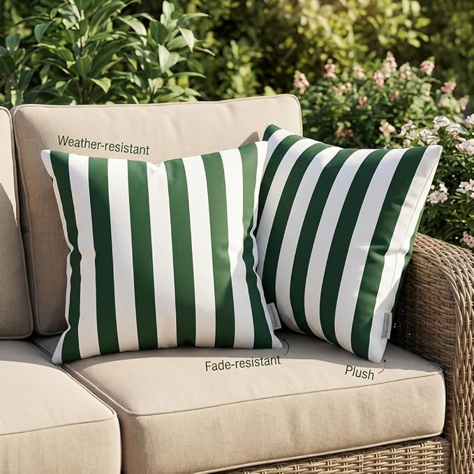 RSH DECOR: Square Throw Pillows Set of 2 | 20" x 20" | All-Weather Spun Fabric | Water and Fade-Resistant | Outdoor Accent Pillows for Patio Furniture | Hunter Green & White Stripe