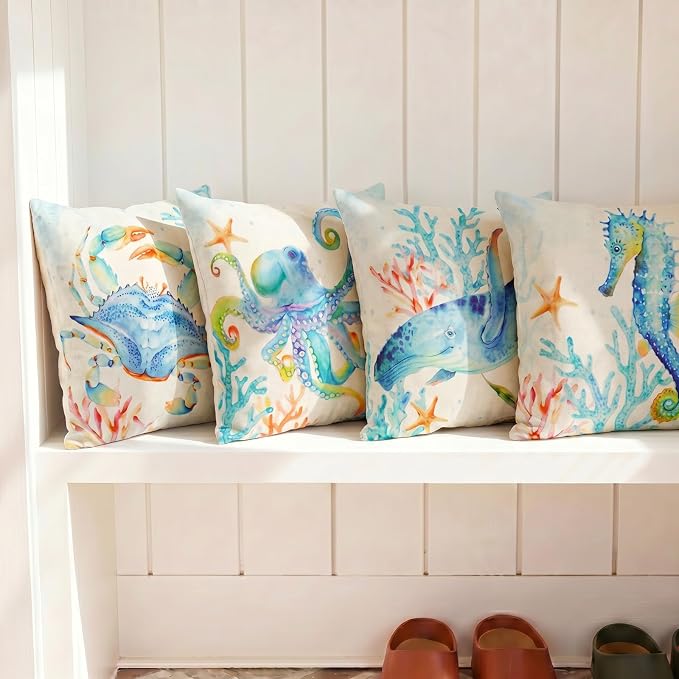 Coastal Outdoor Pillow Covers 18x18 Waterproof, Nautical Beach Throw Pillow | Coastal Room Decor, Nautical Decor for Home, Beach Themed Room Decor, Outdoor Throw Pillows for Beach Chair Porch Patio
