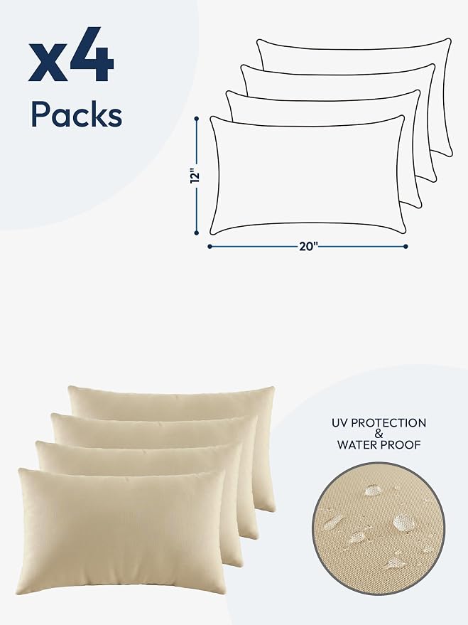 Indoor Outdoor Lumbar Pillows,Waterproof Outdoor Pillows Set of 4 for Patio Furniture,12×20 Inch, Beige