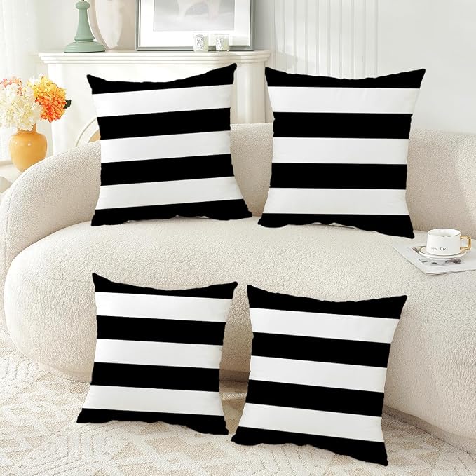 TAOSON Black White Striped Outdoor Throw Pillow Covers 18x18 Inch,Set of 4 | White Striped Waterproof Decorative Cushion Cases for Patio, Garden, Balcony & Couch