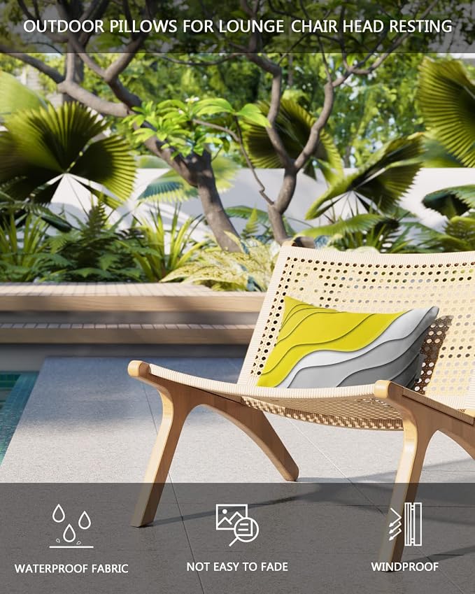 Geometric Ombre Lounge Pillows Outdoor, Aesthetic Yellow Grey White Gradient Abstract Head Pillows, Modern Waterproof Patio Furniture Lumbar Pillows with Adjustable Elastic Strap for Recliner Beach