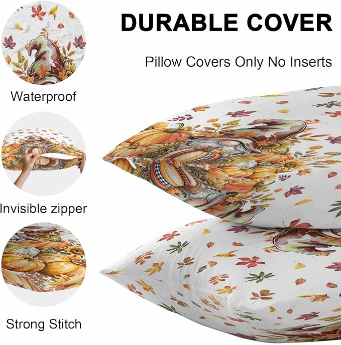 Fall Gnomes Outdoor Waterproof Pillow Covers, Thanksgiving Pumpkins Leaf Sunflowers Farm Decorative Square Throw Pillowcase Sofa Cushion Sham for Patio/Couch/Chair, 24"x24" 2 Pack