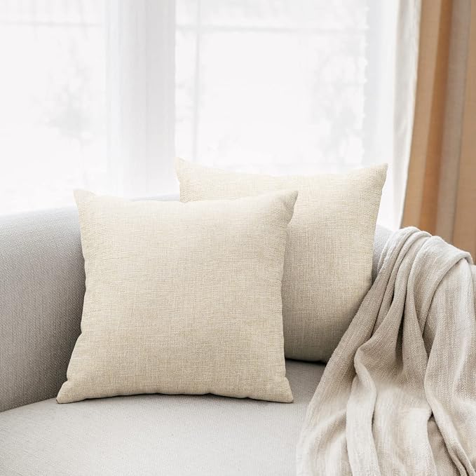 All Smiles Throw Pillow Covers 18x18 Set of 2 Beige Linen Neutral Decorative Farmhouse Décor Burlap Accent Euro Sham Cushion Cases Home Decorations Indoor Outdoor for Bed Sofa Couch Patio