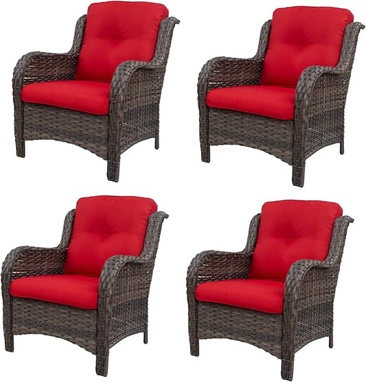 Outdoor Wicker Chair Rattan Patio Dining Chairs Set of 4 PE Patio Chairs with 3.5 inch Seat Cushions Outdoor Patio Seating Chair for Garden, Backyard Swimming Pool, Balcony, Red