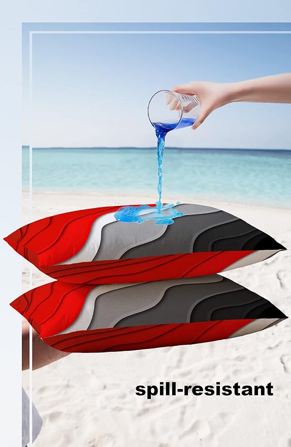 Funy Decor Waterproof Outdoor Throw Pillow Cover Red Modern Geometric Lumbar Pillowcases Set of 2 Grey Abstract Beach Decorative Patio Furniture Pillows for Couch Garden 20x12 inch x 2pcs