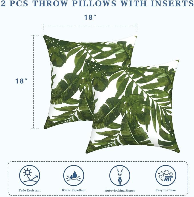 LVTXIII Outdoor/Indoor Throw Pillows, Decorative Throw Pillows with Inserts, 18”x18” Square Pillows for Bed, Couch, Sofa and Patio Furniture (Set of 2, Palm Green)