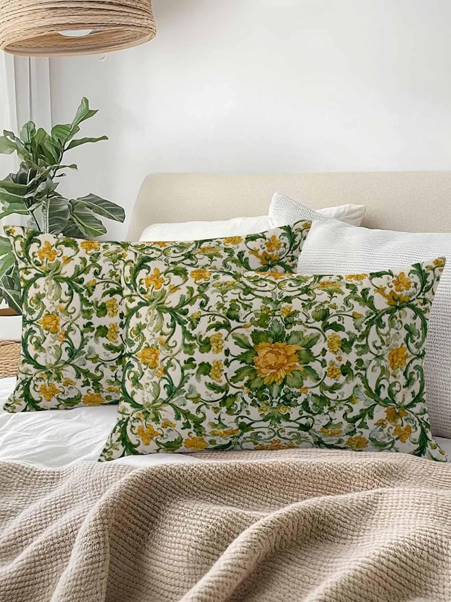 Outdoor Pillows with Inserts Set of 2 12x20, Yellow Green Boho Waterproof Outdoor/Indoor Throw Pillows, Classic Floral Farmhouse Botanical Decorative Pillow for Bed Couch Sofa Patio Furniture