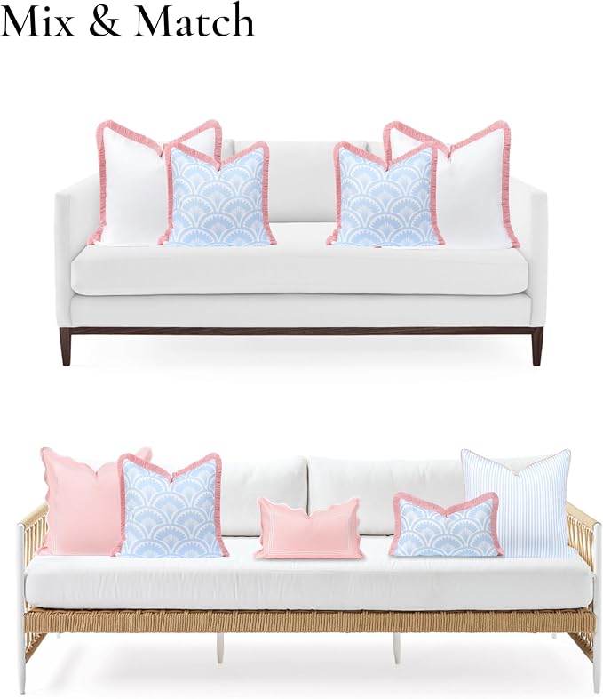 Hofdeco Premium Coastal Grandmillennial Patio Indoor Outdoor Throw Pillow Cover Only, 20"x20" Water Repellent for Backyard, Couch, Poolside, Baby Blue Pink Print Tropical Ravenala Palm Tree