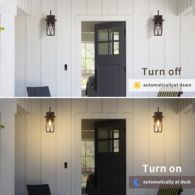 Dusk to Dawn Outdoor Wall Light Fixtures,14'' Outdoor Porch Sconces Lighting , Waterproof Wall Lanterns with E26 Sockets & Water Ripple Glass, Modern Oil Rubbed Bronze Outside Lights for Patio, Garage