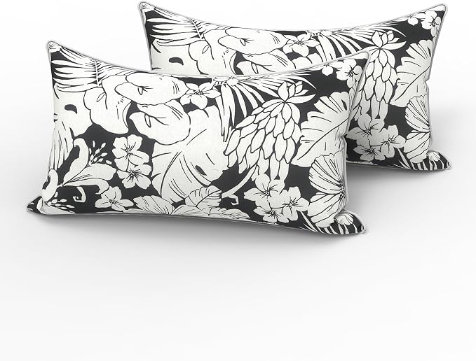 LVTXIII 2 Pack Outdoor Lumbar Pillows 12x20 Inch with White Piping, Fade Resistant Support Throw Pillows with Inserts for Patio Furniture, Sofa, Chair, Noir Floral
