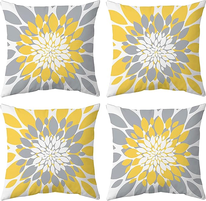 Pack of 4 Fall Outdoor Waterproof Pillow Covers 16x16 Decorative Outdoor Throw Pillows Garden Square Cushion Cases for Patio Furniture, Couch, Tent Sunbrella, Bench, Mustard Yellow Grey